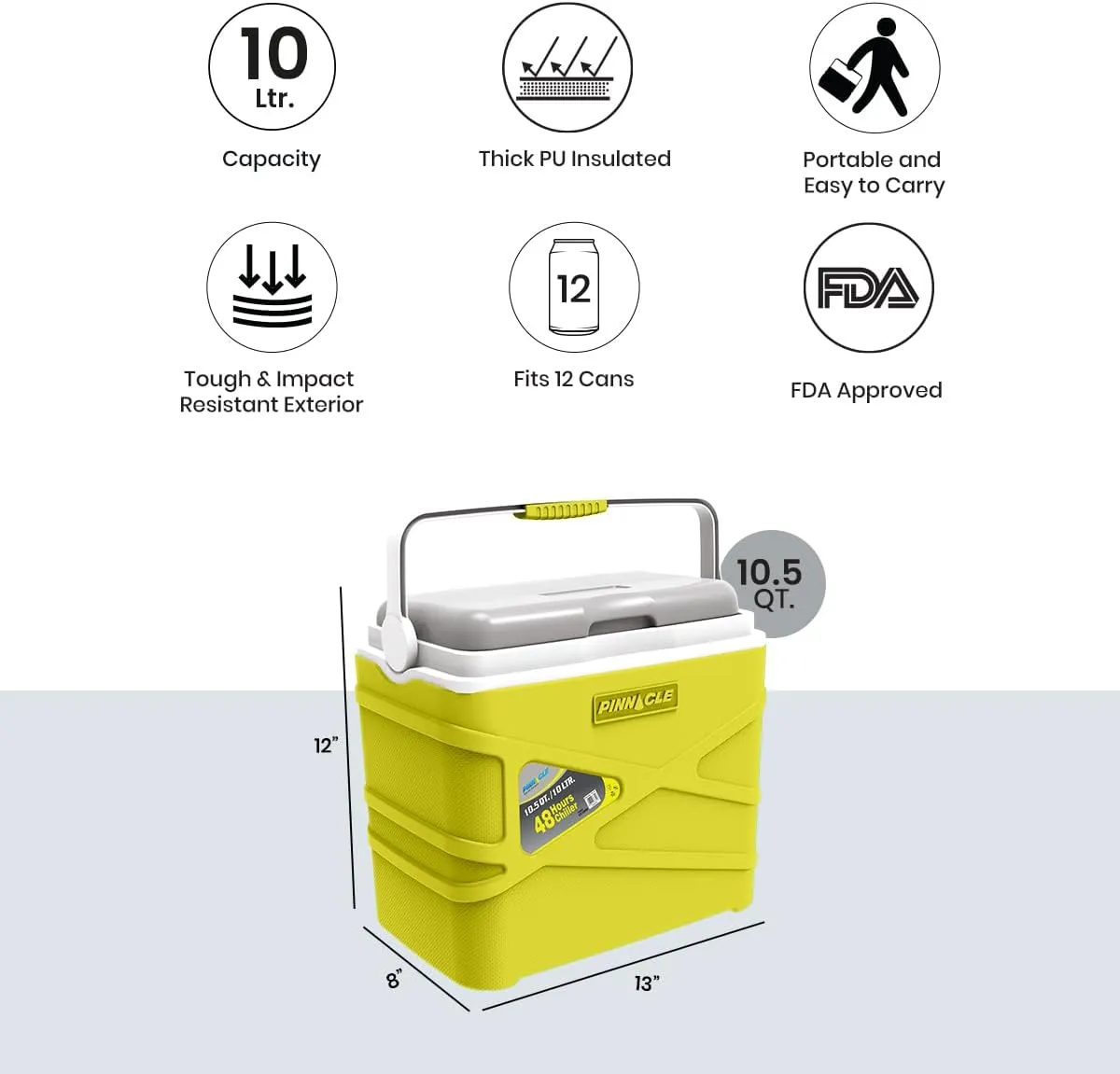 Pinnacle 10 Liter Insulated Cooler Lunch Box -Portable Camping/Picnic Hard Cooler –Coolbox Keeps Cool for 48 hrs. with Ice Retention–Heavy Duty Cooler for Beach, Grill, Travel,Tailgating,Small