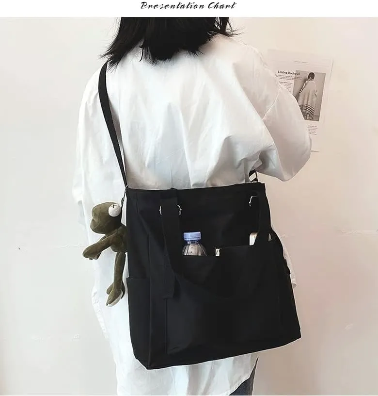 Pooyikoi Women Canvas Tote Bag Waterproof Nylon Multi Pocket Shoulder Bags Solid Crossbody Large Capacity Tote Shoulder Bags