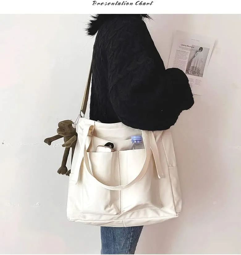 Pooyikoi Women Canvas Tote Bag Waterproof Nylon Multi Pocket Shoulder Bags Solid Crossbody Large Capacity Tote Shoulder Bags