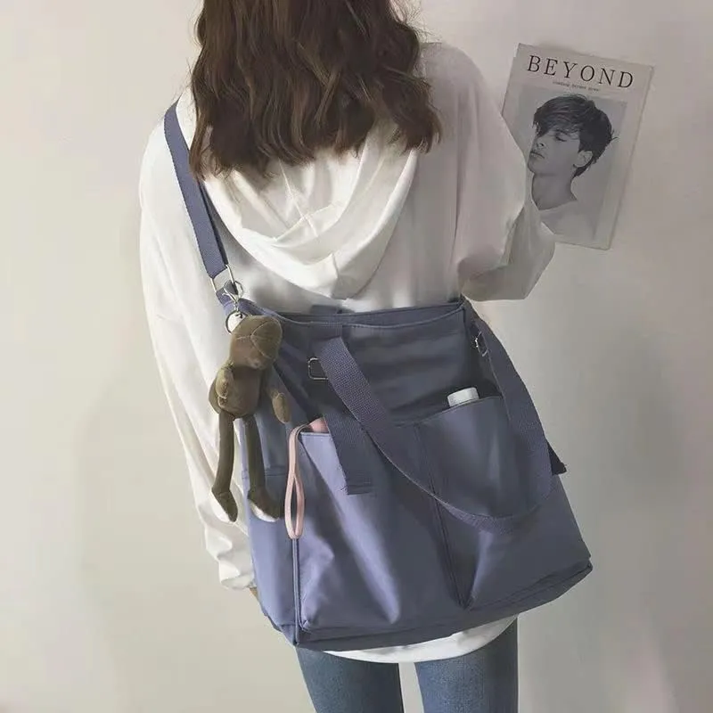 Pooyikoi Women Canvas Tote Bag Waterproof Nylon Multi Pocket Shoulder Bags Solid Crossbody Large Capacity Tote Shoulder Bags