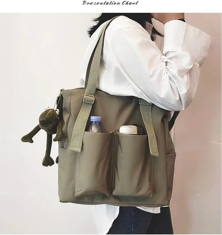 Pooyikoi Women Canvas Tote Bag Waterproof Nylon Multi Pocket Shoulder Bags Solid Crossbody Large Capacity Tote Shoulder Bags