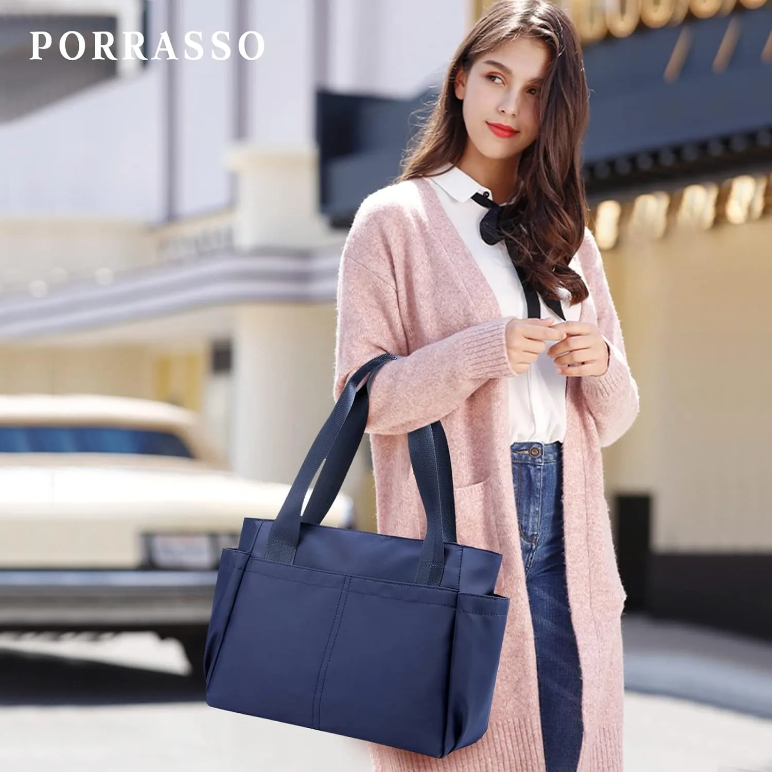 PORRASSO Tote Bag Nylon Waterproof Handbag Women Shoulder Bag for Shopping Travel Work Daily Use Blue