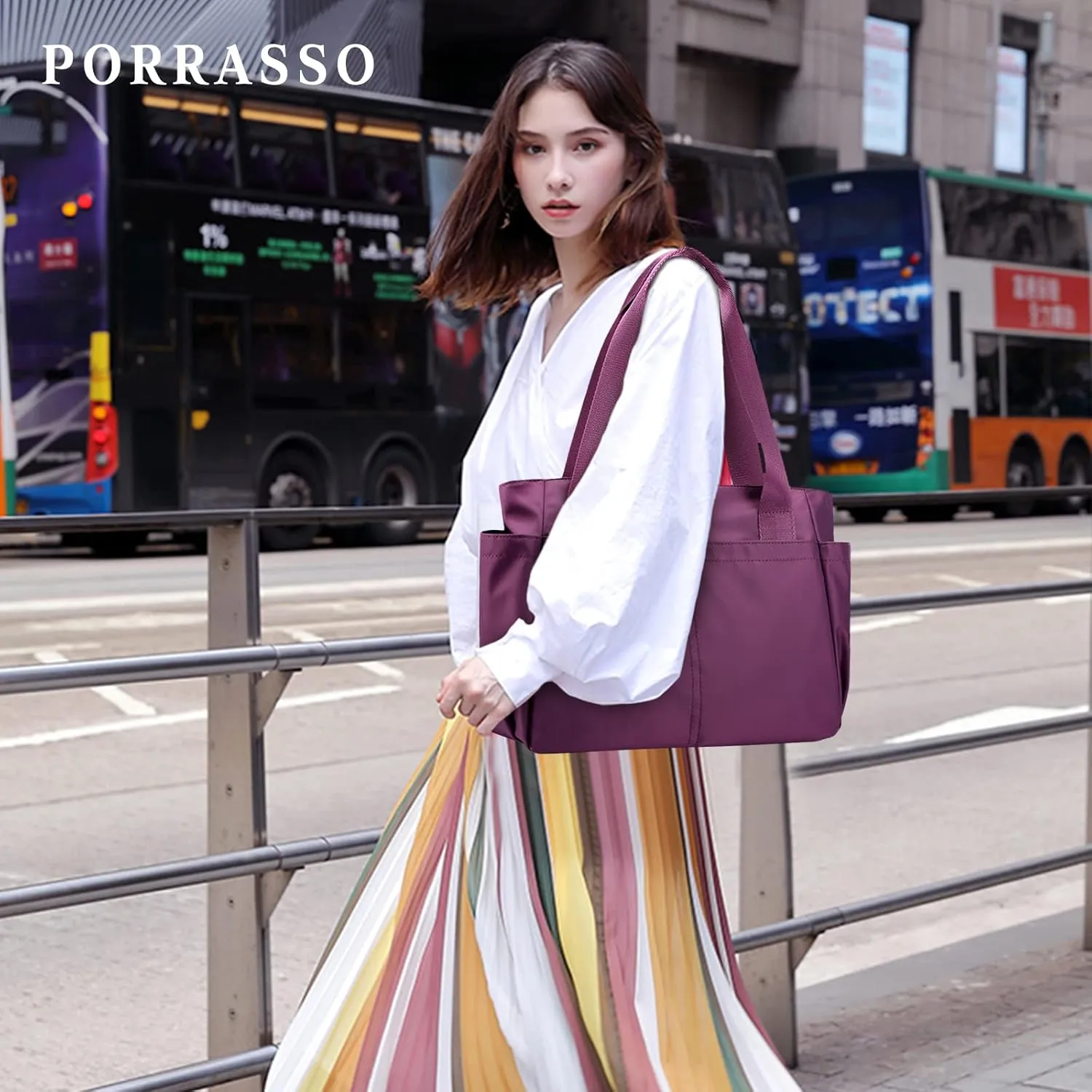 PORRASSO Tote Bag Nylon Waterproof Handbag Women Shoulder Bag for Shopping Travel Work Daily Use Purple