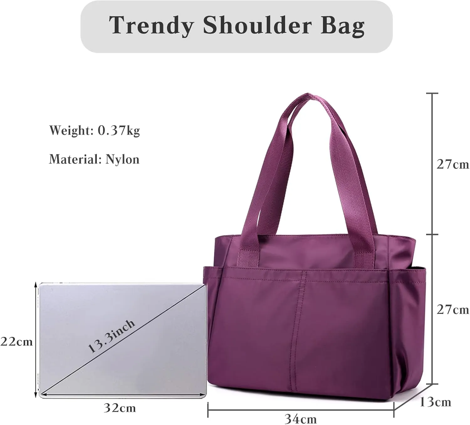 PORRASSO Tote Bag Nylon Waterproof Handbag Women Shoulder Bag for Shopping Travel Work Daily Use Purple