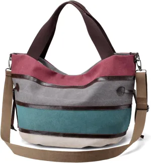 PORRASSO Women Shoulder Bag Large Canvas Handbag Multi-Color Striped Crossbody Bag Satchel Ladies Hobo Tote for Travel Work Shopping Daily Use Red