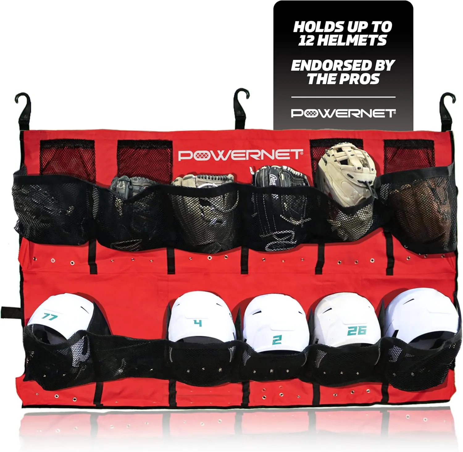 PowerNet Softball & Baseball Helmet Hanging Bag, 12 Pocket Baseball Glove & Helmet Storage Holder & Dugout Organizer, Portable Baseball Gear Training Equipment Holder, Team Colors