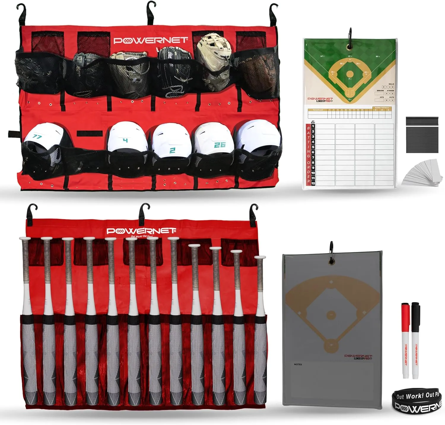 PowerNet Ultimate Coaching Team Bundle, Dugout Organizer for Baseball & Softball, Team Equipment Organizer, Hanging Bat Bag & Baseball Glove Helmet Holder, Dry Erase Magnetic Lineup Board