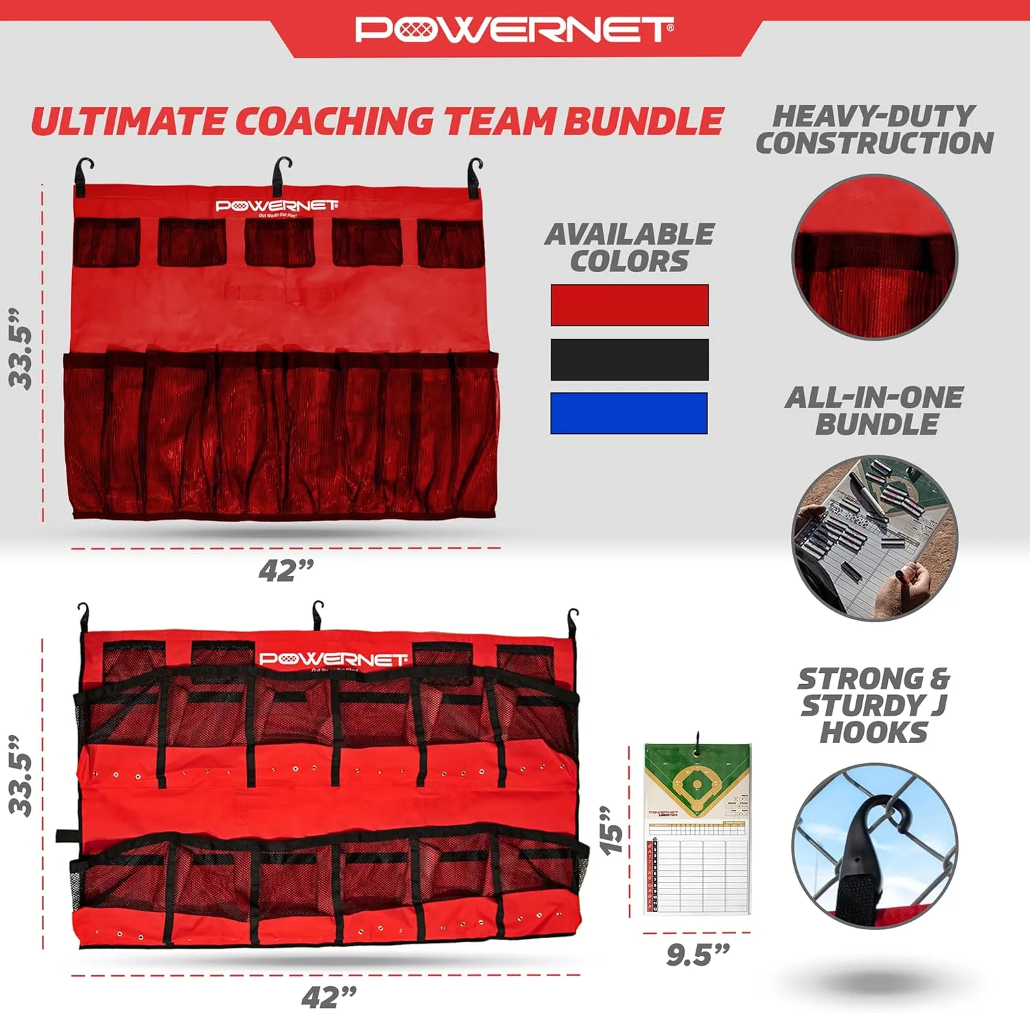 PowerNet Ultimate Coaching Team Bundle, Dugout Organizer for Baseball & Softball, Team Equipment Organizer, Hanging Bat Bag & Baseball Glove Helmet Holder, Dry Erase Magnetic Lineup Board