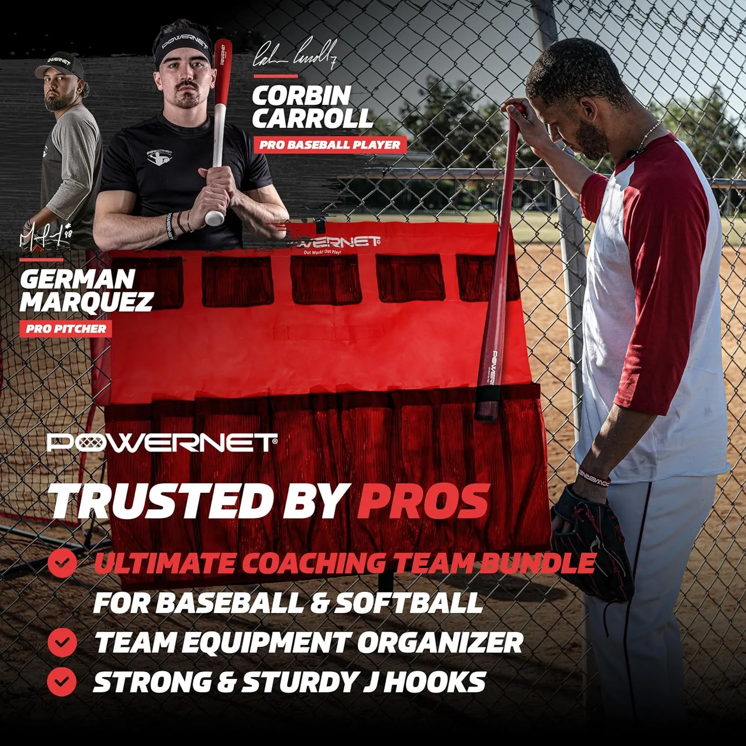 PowerNet Ultimate Coaching Team Bundle, Dugout Organizer for Baseball & Softball, Team Equipment Organizer, Hanging Bat Bag & Baseball Glove Helmet Holder, Dry Erase Magnetic Lineup Board