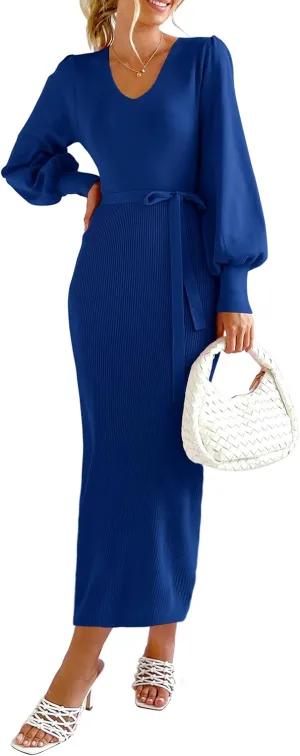 PRETTYGARDEN Women's Fall Knit Pullover Sweater Dress Elegant Long Lantern Sleeve V Neck Winter Maxi Bodycon Dresses