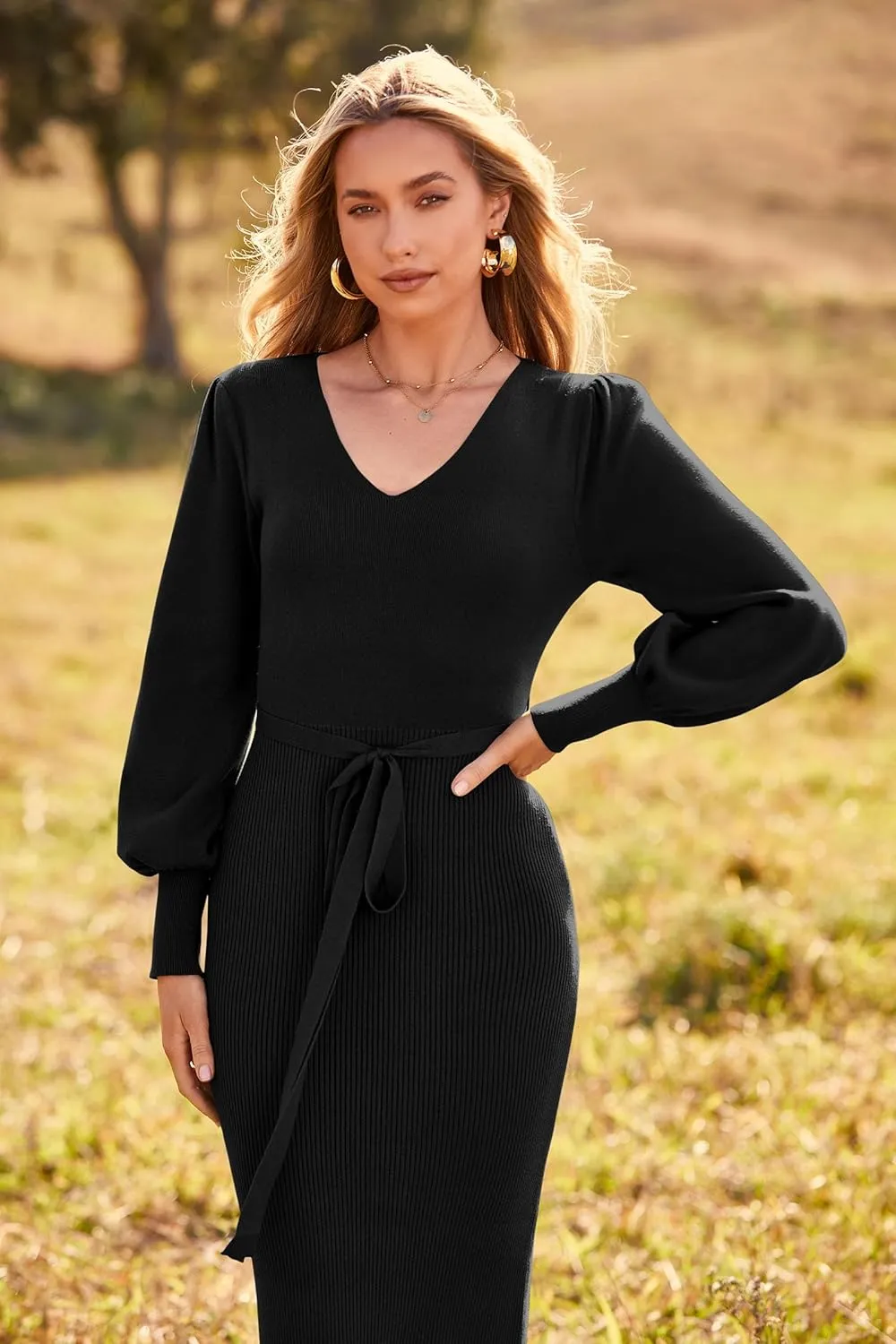 PRETTYGARDEN Women's Fall Knit Pullover Sweater Dress Elegant Long Lantern Sleeve V Neck Winter Maxi Bodycon Dresses