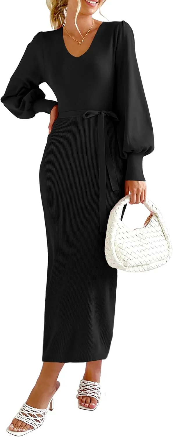 PRETTYGARDEN Women's Fall Knit Pullover Sweater Dress Elegant Long Lantern Sleeve V Neck Winter Maxi Bodycon Dresses