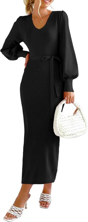 PRETTYGARDEN Women's Fall Knit Pullover Sweater Dress Elegant Long Lantern Sleeve V Neck Winter Maxi Bodycon Dresses