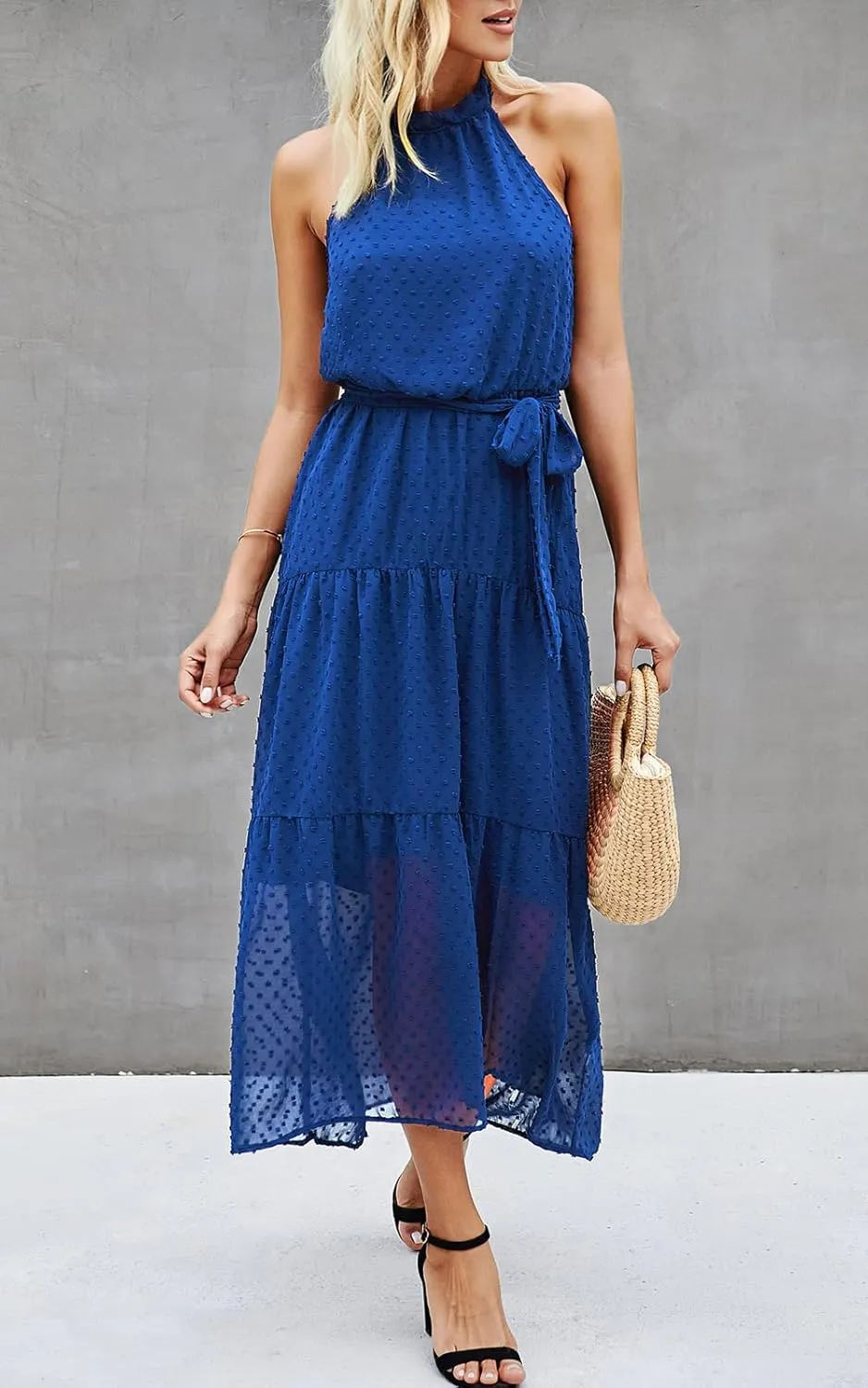 PRETTYGARDEN Women’s Halter Neck Floral Long Maxi Dress Casual Sleeveless Backless Dresses Loose Ruffle Sundress with Belt