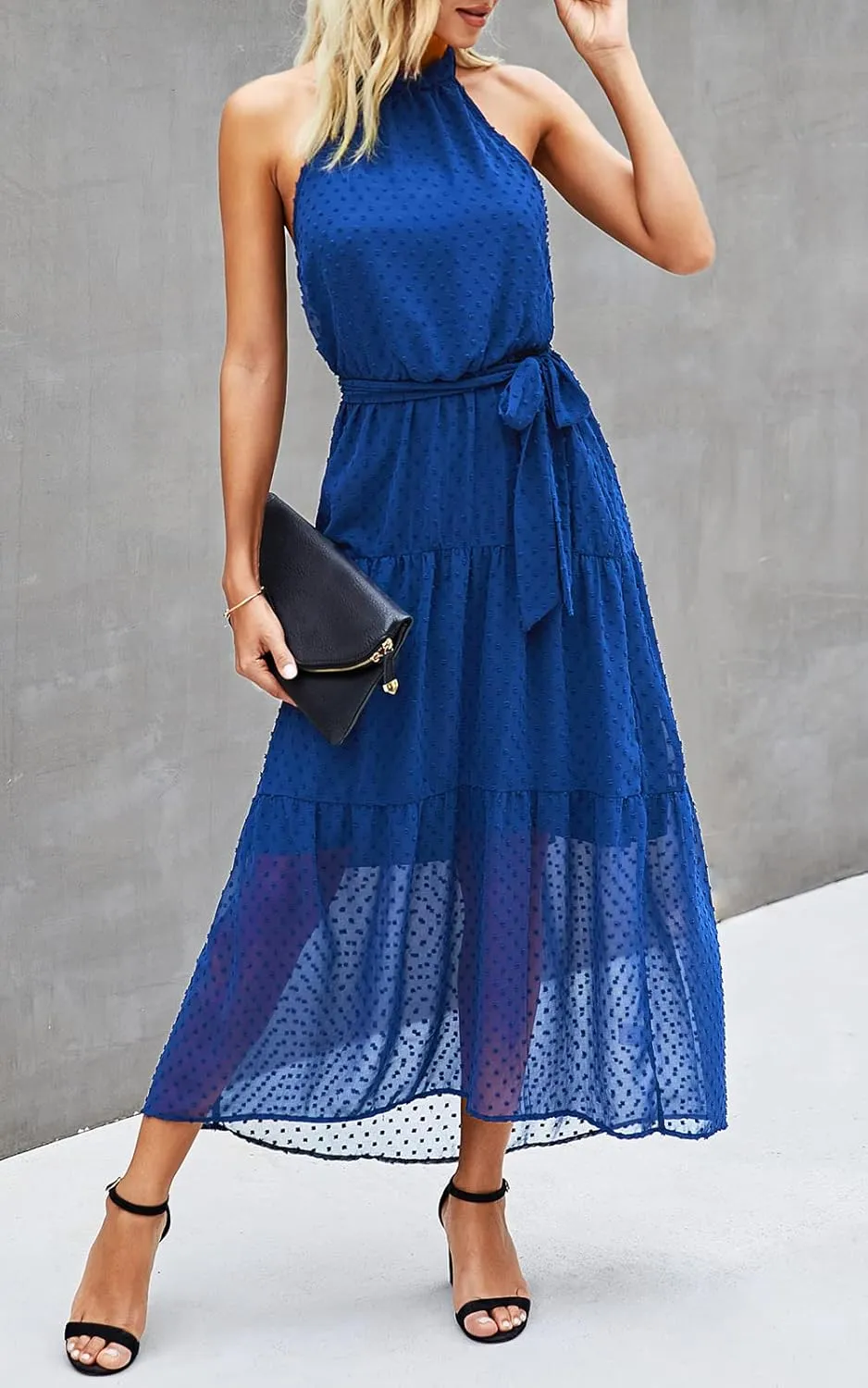 PRETTYGARDEN Women’s Halter Neck Floral Long Maxi Dress Casual Sleeveless Backless Dresses Loose Ruffle Sundress with Belt