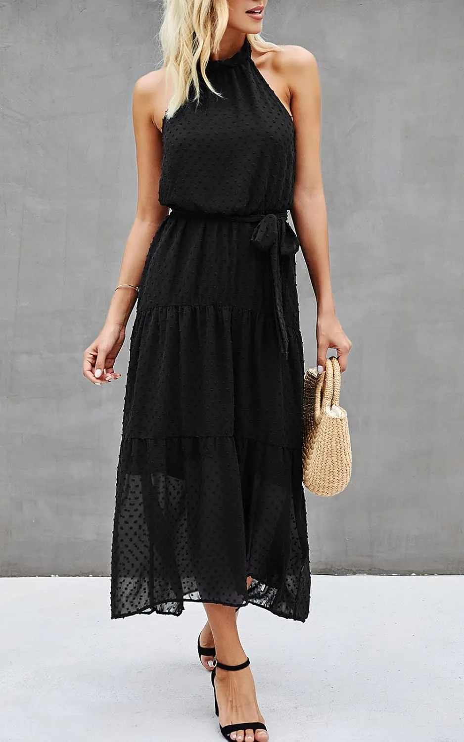 PRETTYGARDEN Women’s Halter Neck Floral Long Maxi Dress Casual Sleeveless Backless Dresses Loose Ruffle Sundress with Belt