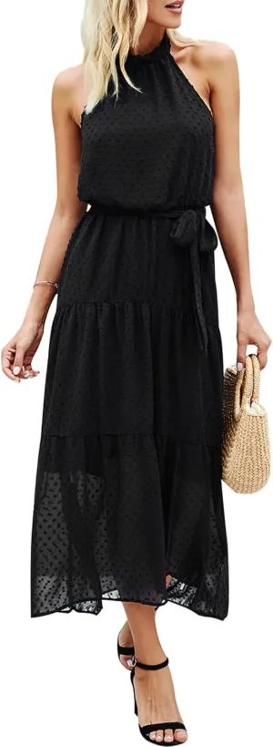 PRETTYGARDEN Women’s Halter Neck Floral Long Maxi Dress Casual Sleeveless Backless Dresses Loose Ruffle Sundress with Belt