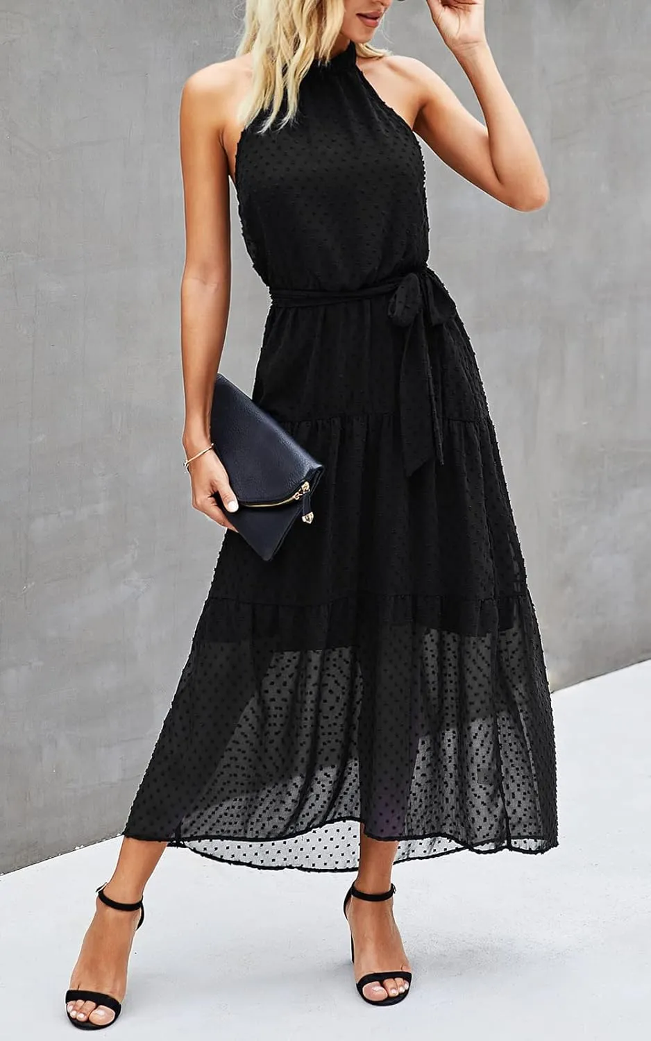 PRETTYGARDEN Women’s Halter Neck Floral Long Maxi Dress Casual Sleeveless Backless Dresses Loose Ruffle Sundress with Belt