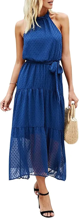 PRETTYGARDEN Women’s Halter Neck Floral Long Maxi Dress Casual Sleeveless Backless Dresses Loose Ruffle Sundress with Belt