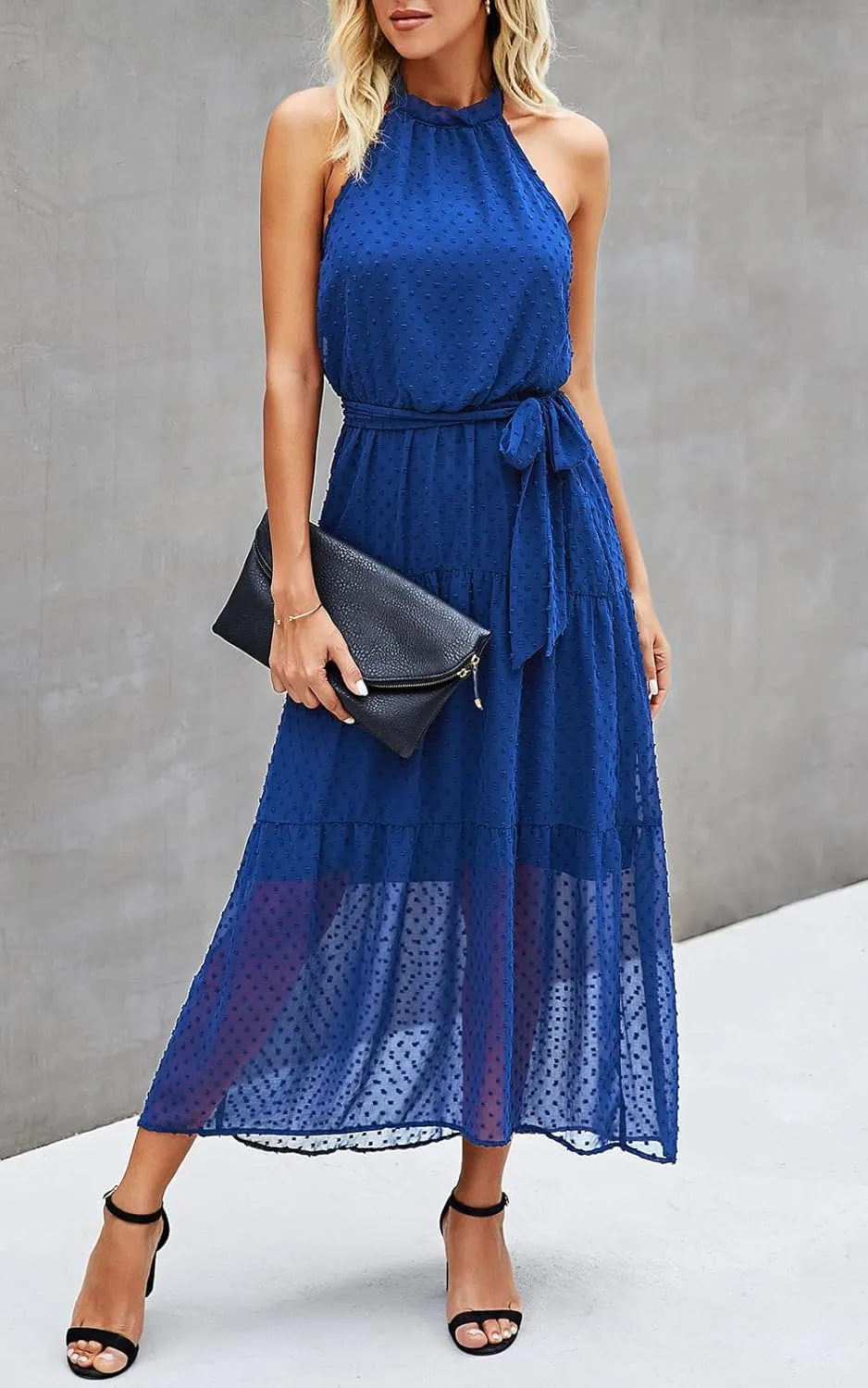 PRETTYGARDEN Women’s Halter Neck Floral Long Maxi Dress Casual Sleeveless Backless Dresses Loose Ruffle Sundress with Belt