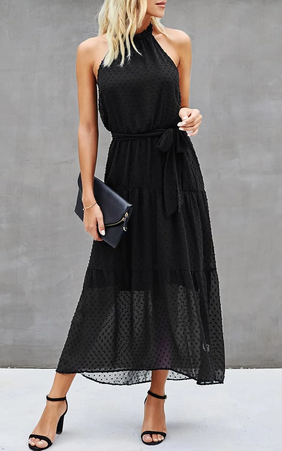 PRETTYGARDEN Women’s Halter Neck Floral Long Maxi Dress Casual Sleeveless Backless Dresses Loose Ruffle Sundress with Belt