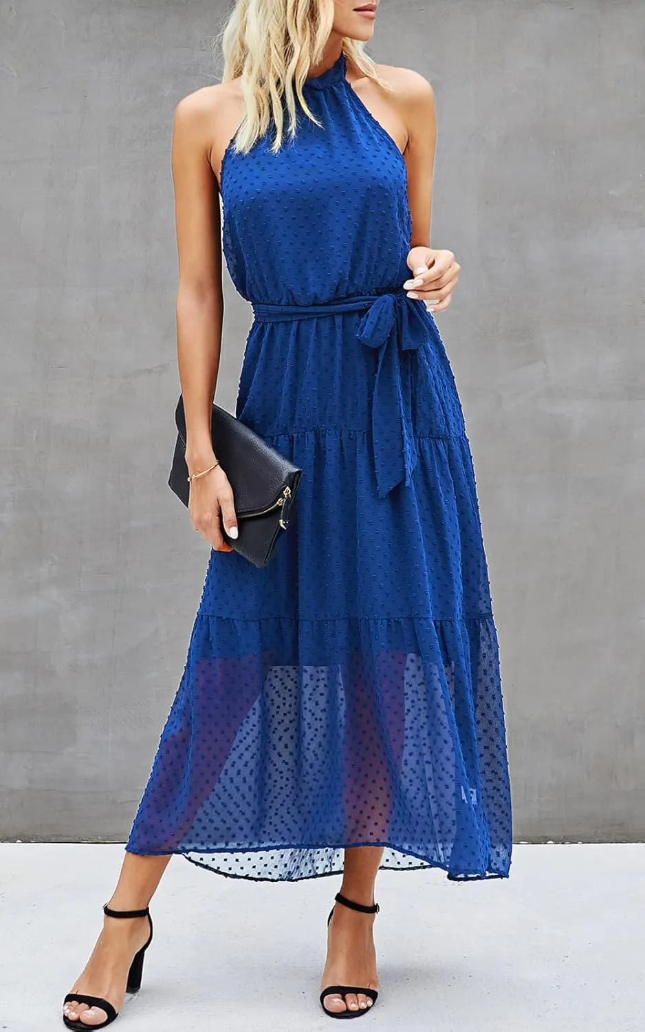 PRETTYGARDEN Women’s Halter Neck Floral Long Maxi Dress Casual Sleeveless Backless Dresses Loose Ruffle Sundress with Belt
