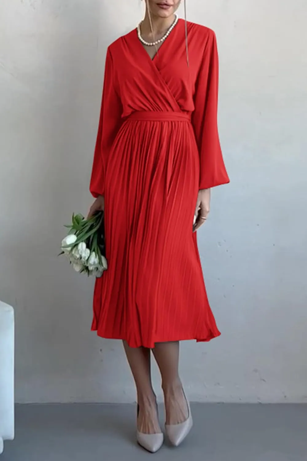 PRETTYGARDEN Women's Spring Midi Dress Long Puff Sleeve Wrap V Neck Flowy Ruffle Pleated Casual Fall Dresses