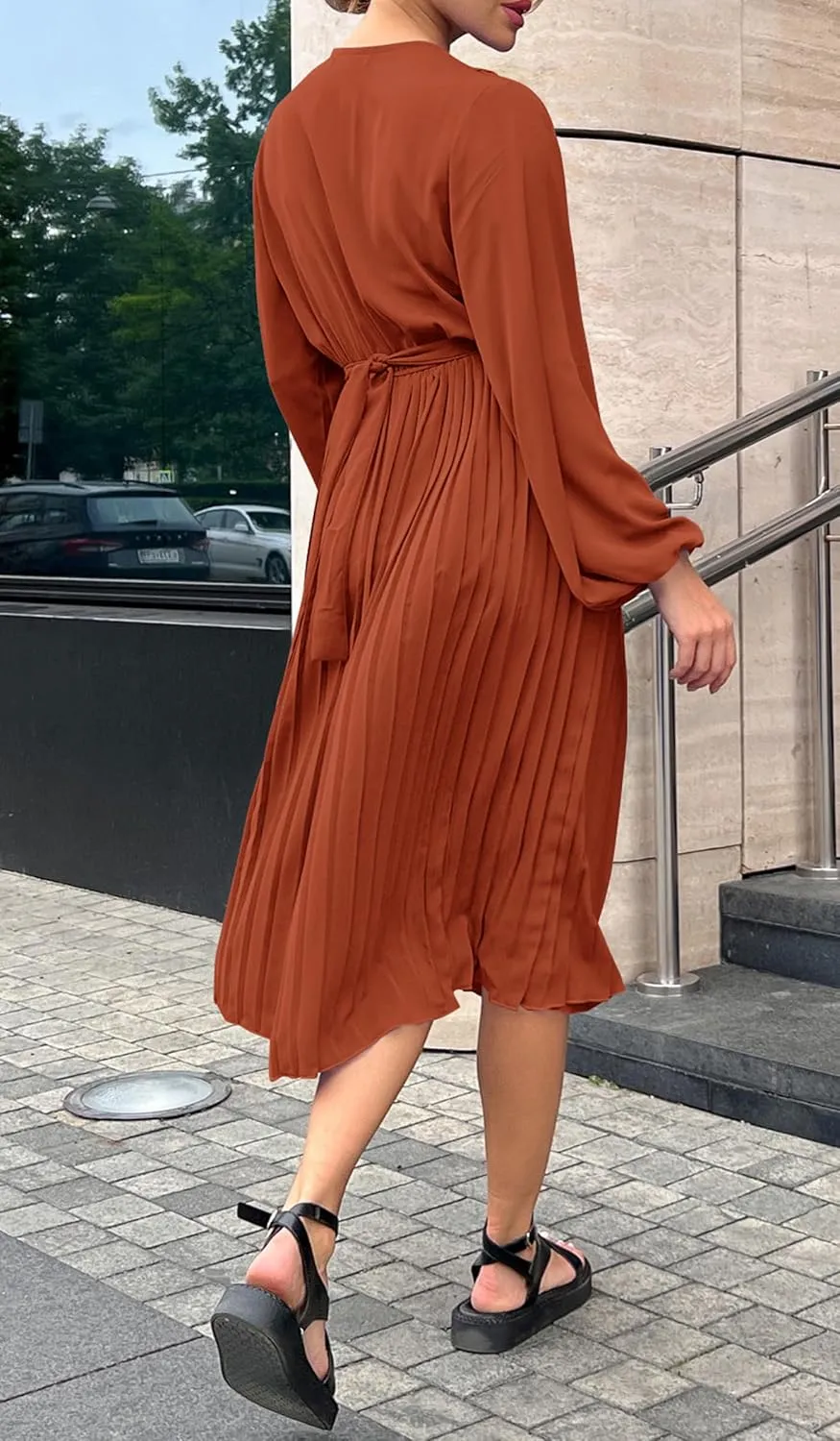 PRETTYGARDEN Women's Spring Midi Dress Long Puff Sleeve Wrap V Neck Flowy Ruffle Pleated Casual Fall Dresses