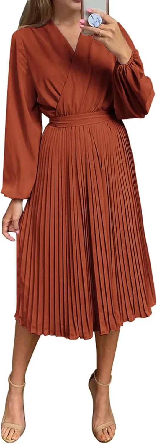 PRETTYGARDEN Women's Spring Midi Dress Long Puff Sleeve Wrap V Neck Flowy Ruffle Pleated Casual Fall Dresses
