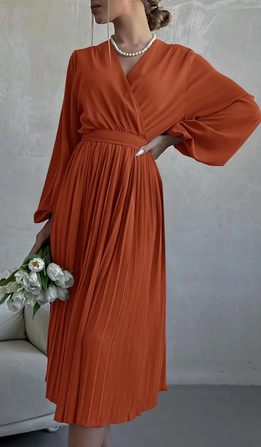 PRETTYGARDEN Women's Spring Midi Dress Long Puff Sleeve Wrap V Neck Flowy Ruffle Pleated Casual Fall Dresses