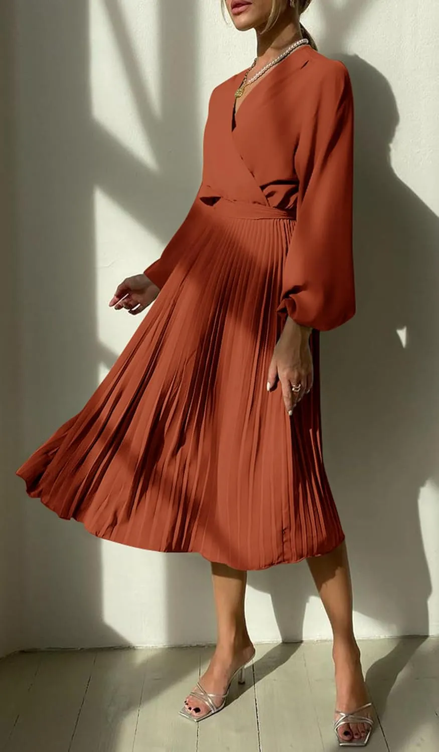 PRETTYGARDEN Women's Spring Midi Dress Long Puff Sleeve Wrap V Neck Flowy Ruffle Pleated Casual Fall Dresses