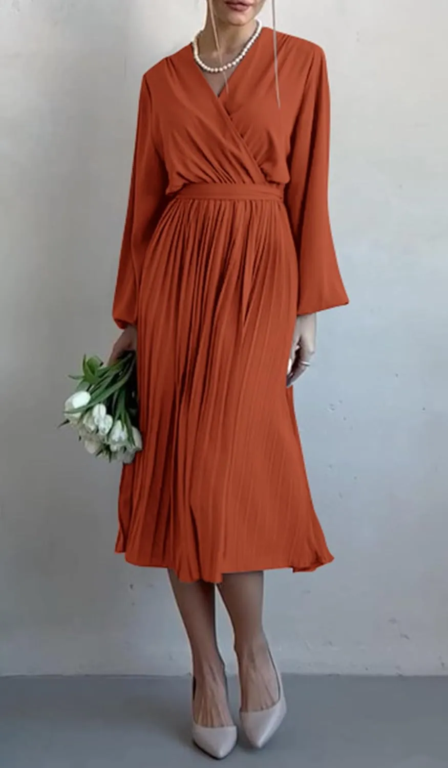 PRETTYGARDEN Women's Spring Midi Dress Long Puff Sleeve Wrap V Neck Flowy Ruffle Pleated Casual Fall Dresses