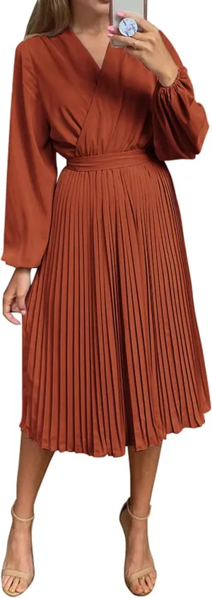 PRETTYGARDEN Women's Spring Midi Dress Long Puff Sleeve Wrap V Neck Flowy Ruffle Pleated Casual Fall Dresses