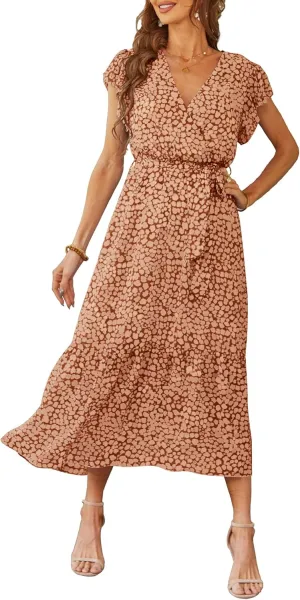 PRETTYGARDEN Women's Summer Floral Boho Maxi Dress Wrap Short Sleeve V Neck Ruffle A-Line Flowy Wedding Guest Long Dresses