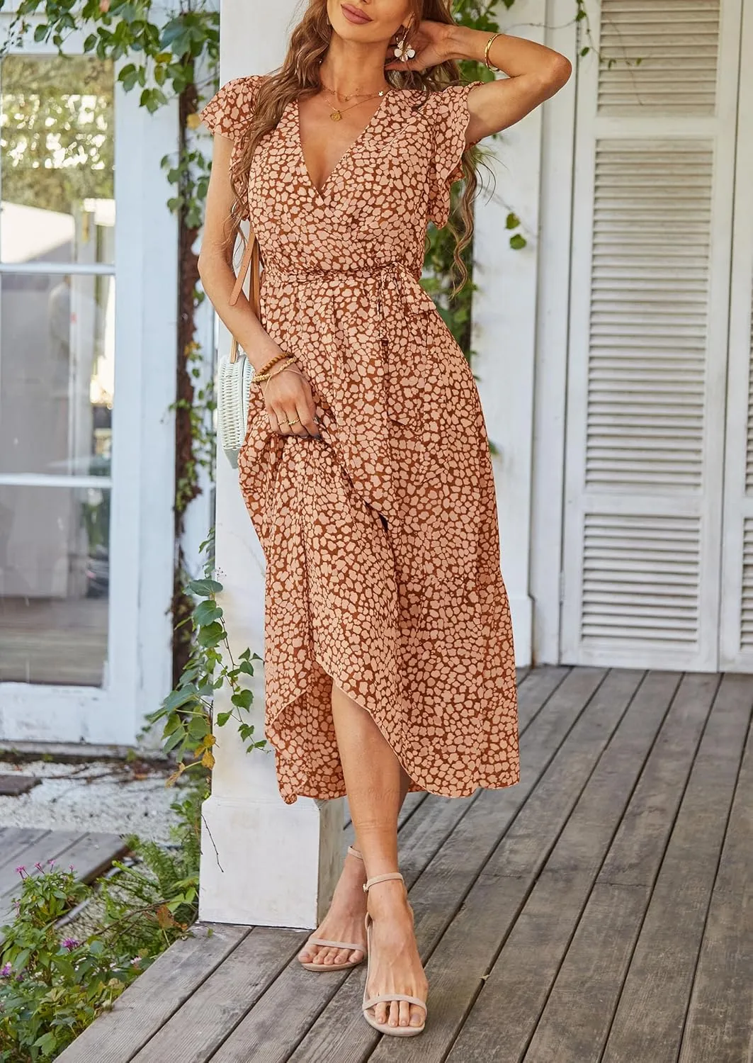 PRETTYGARDEN Women's Summer Floral Boho Maxi Dress Wrap Short Sleeve V Neck Ruffle A-Line Flowy Wedding Guest Long Dresses