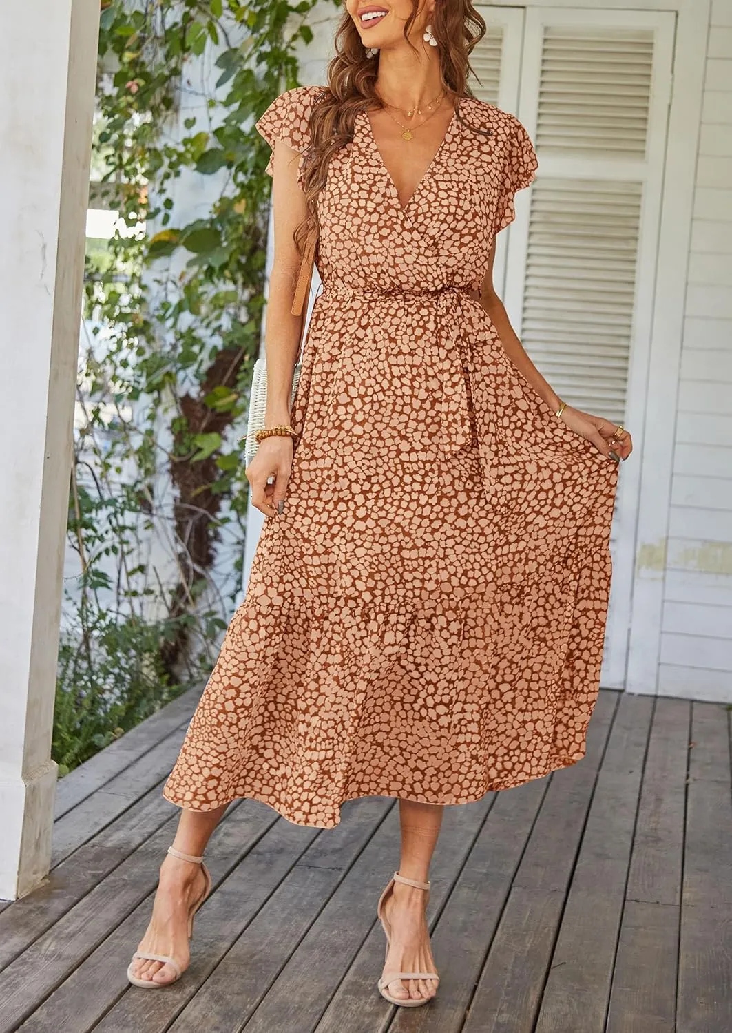 PRETTYGARDEN Women's Summer Floral Boho Maxi Dress Wrap Short Sleeve V Neck Ruffle A-Line Flowy Wedding Guest Long Dresses