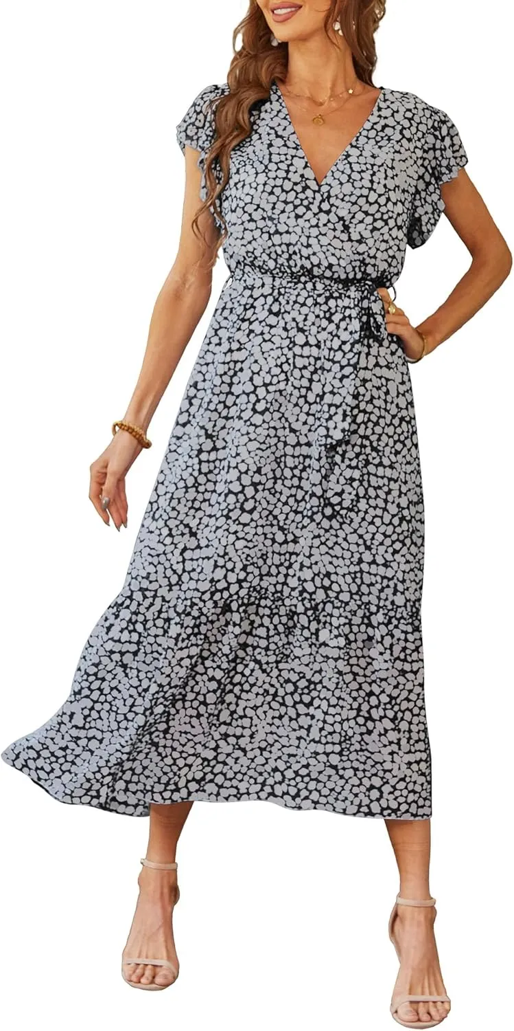 PRETTYGARDEN Women's Summer Floral Boho Maxi Dress Wrap Short Sleeve V Neck Ruffle A-Line Flowy Wedding Guest Long Dresses