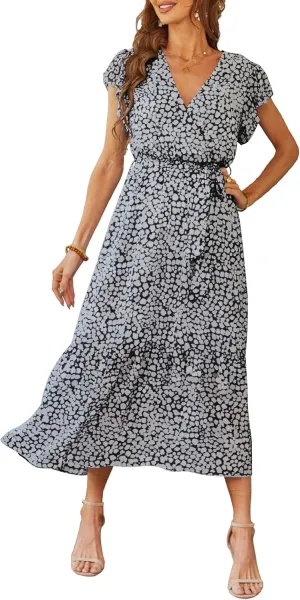 PRETTYGARDEN Women's Summer Floral Boho Maxi Dress Wrap Short Sleeve V Neck Ruffle A-Line Flowy Wedding Guest Long Dresses