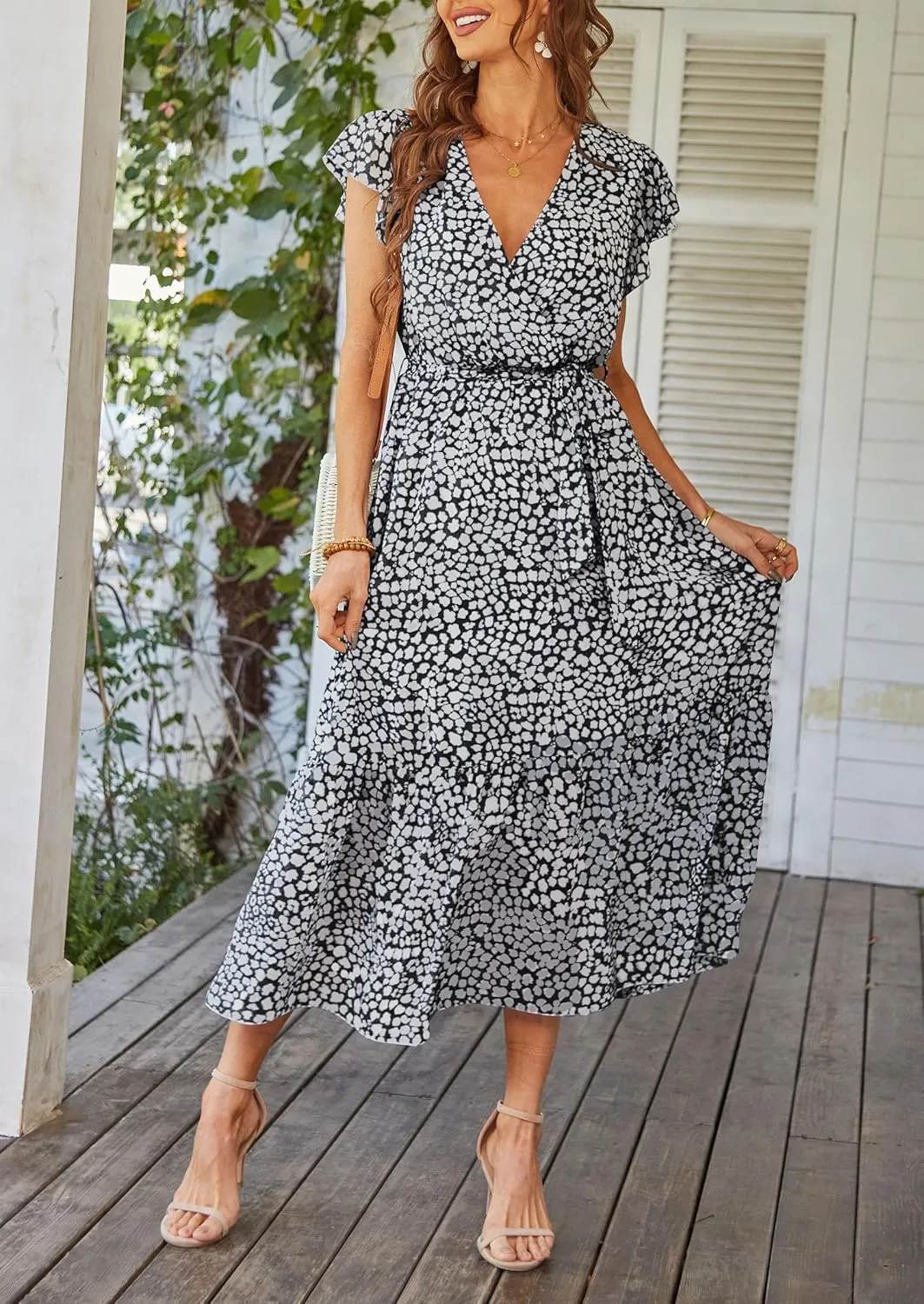 PRETTYGARDEN Women's Summer Floral Boho Maxi Dress Wrap Short Sleeve V Neck Ruffle A-Line Flowy Wedding Guest Long Dresses