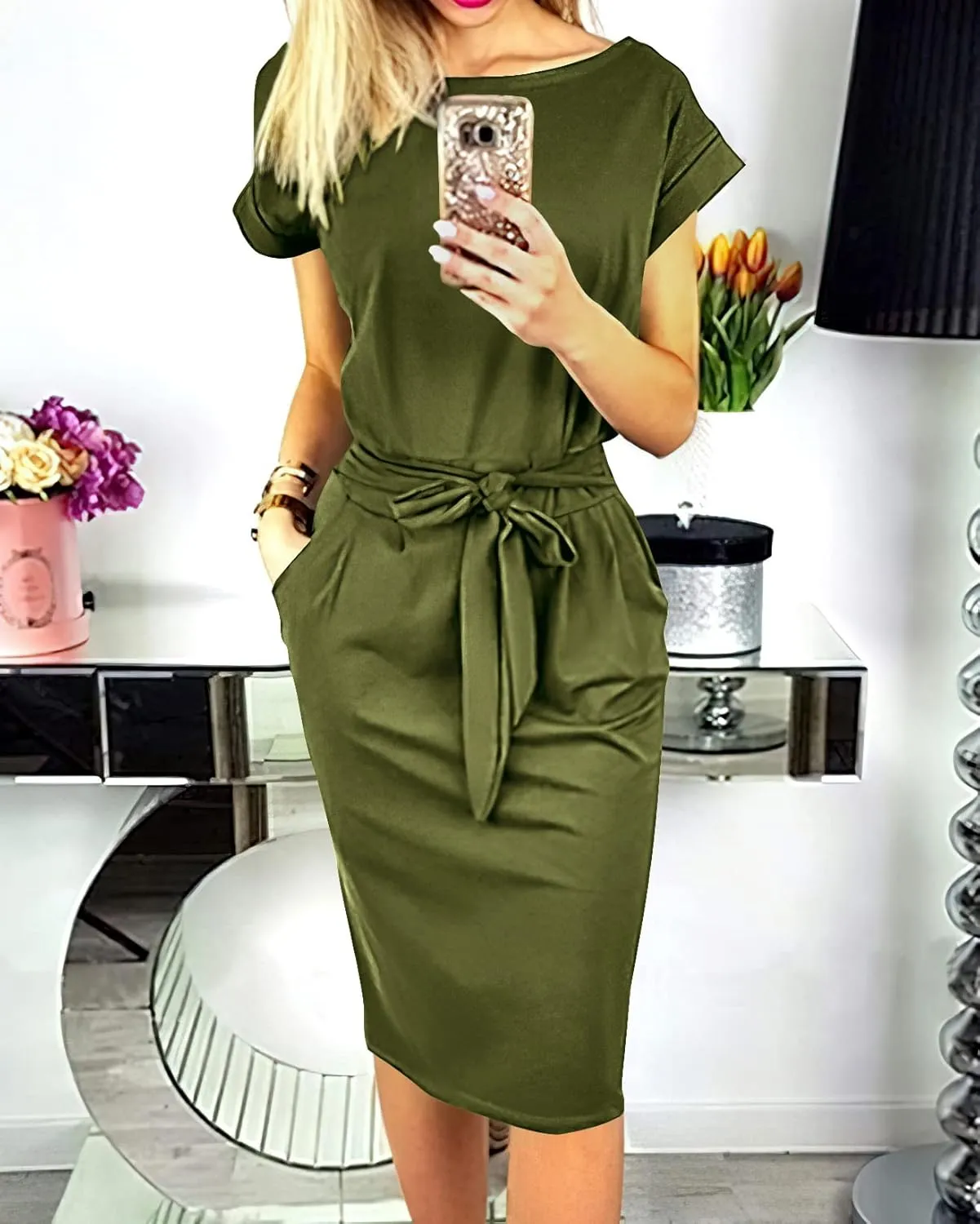 PRETTYGARDEN Women's Summer Short Sleeve Crewneck Striped Dress Basic Solid Tie Waist Office T Shirt Dresses Pockets