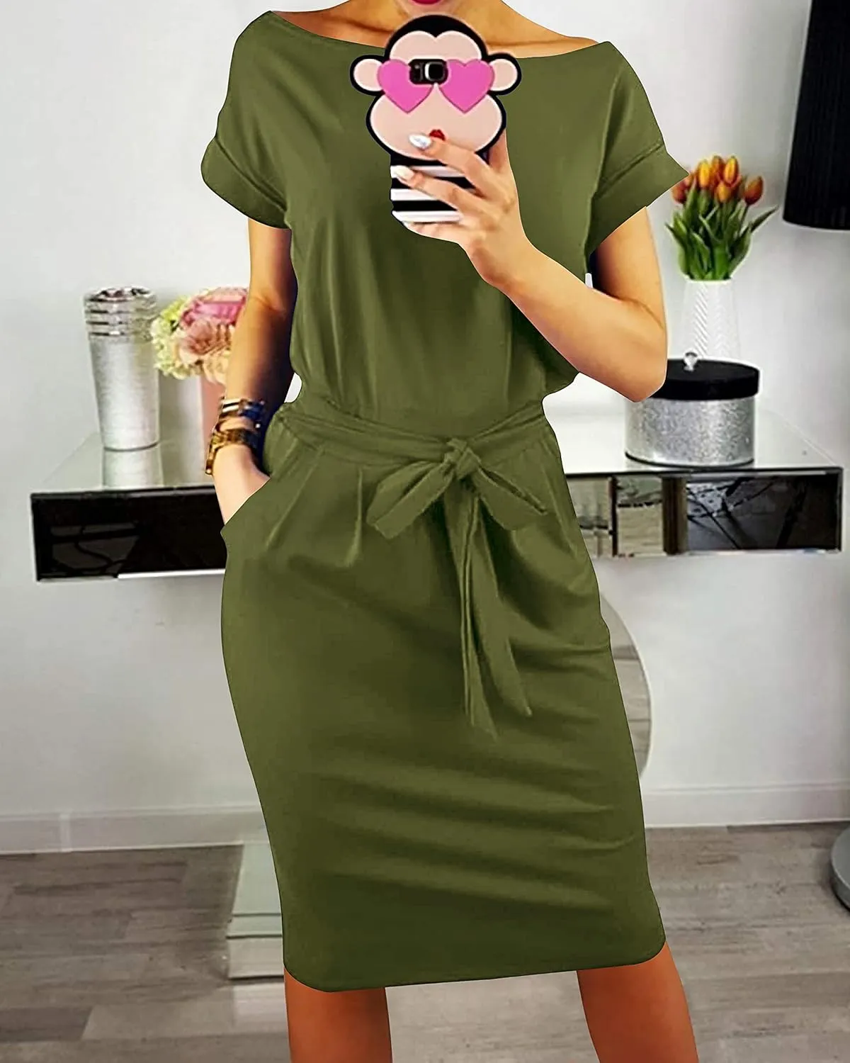 PRETTYGARDEN Women's Summer Short Sleeve Crewneck Striped Dress Basic Solid Tie Waist Office T Shirt Dresses Pockets