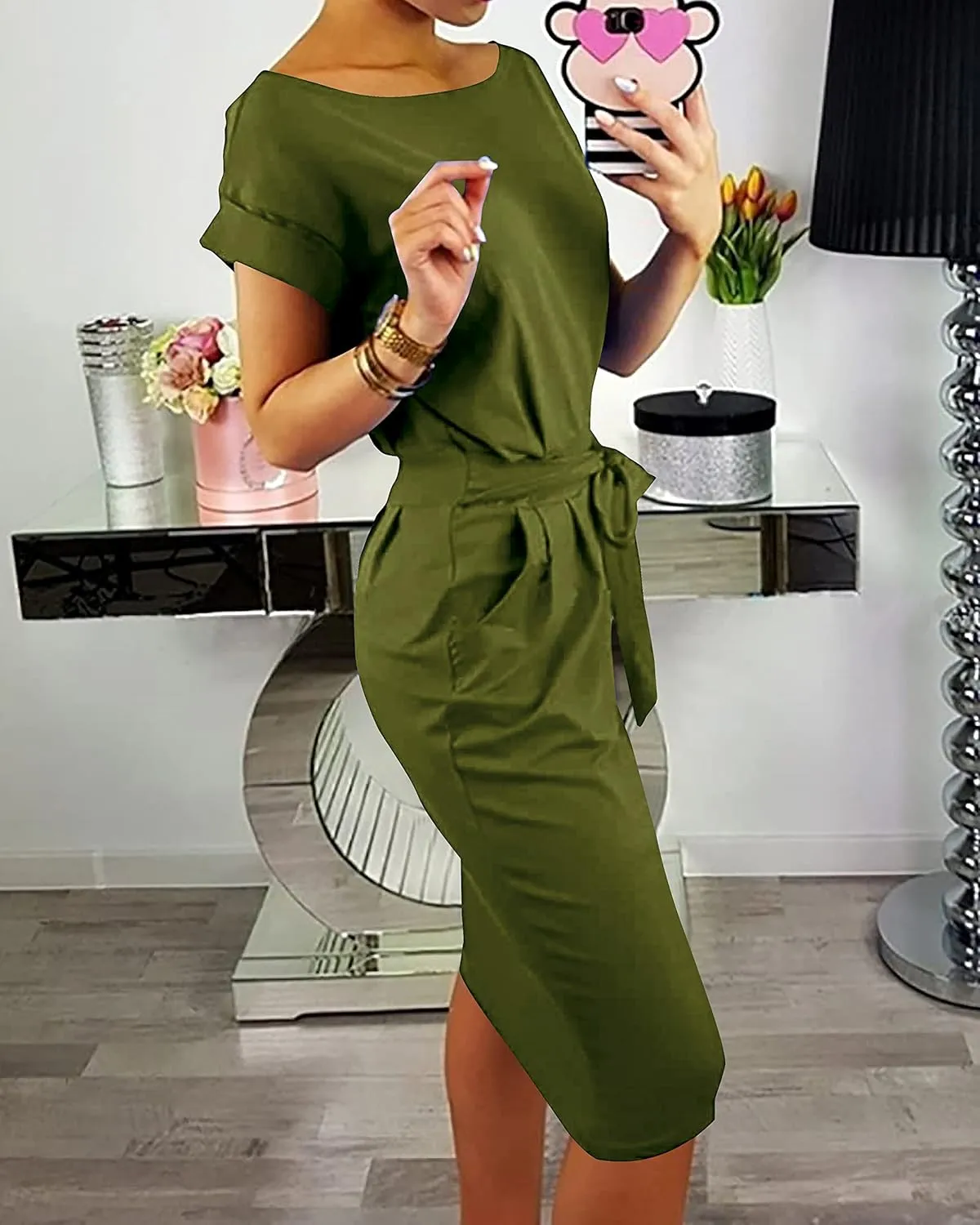 PRETTYGARDEN Women's Summer Short Sleeve Crewneck Striped Dress Basic Solid Tie Waist Office T Shirt Dresses Pockets
