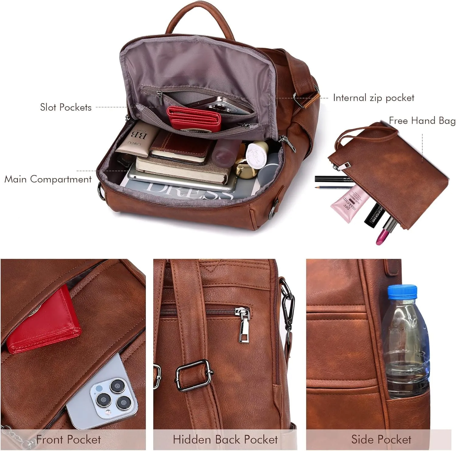 PU Leather Backpack Purse for Women, Multipurpose Design Shoulder Bag Handbags Convertible Fashion Travel bag with Wristlet