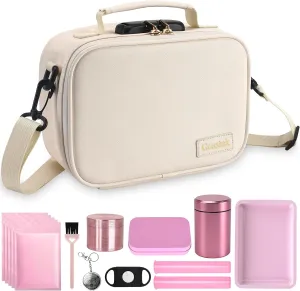 PU Leather Storage Bag with 10 PCS Accessories, Portable Cosmetic Box Case with Lock and Great Gift for Women, Childproof Organization Container Box 9 X 6 X 4 Inches (Beige)