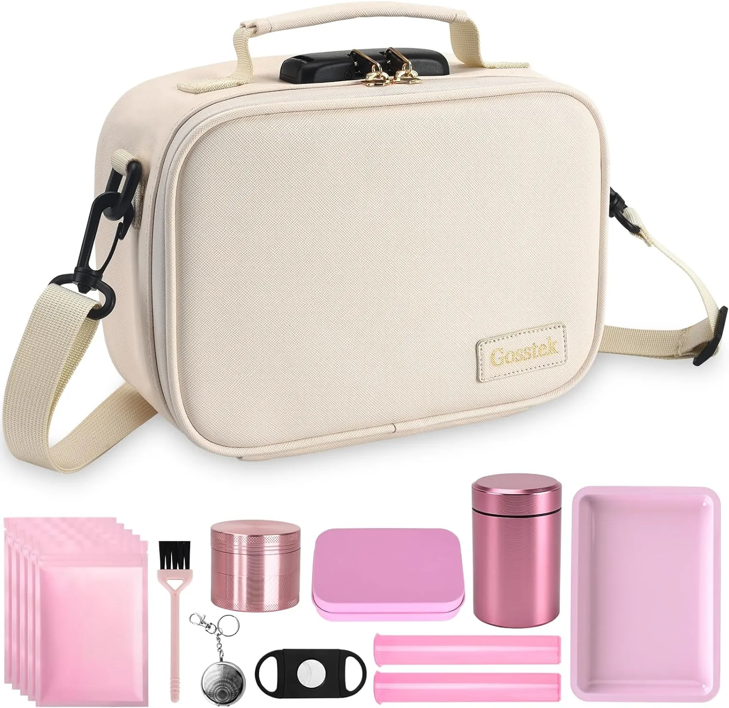 PU Leather Storage Bag with 10 PCS Accessories, Portable Cosmetic Box Case with Lock and Great Gift for Women, Childproof Organization Container Box 9 X 6 X 4 Inches (Beige)