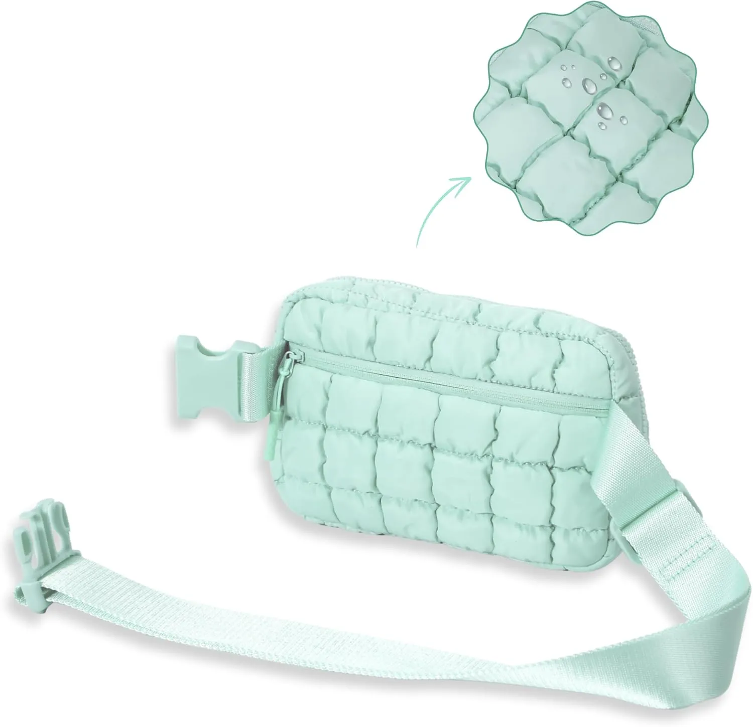Puffer Crossbody Bag for Women – Plus Size Friendly Belt Bag – Quilted Fanny Pack w/Extender – Extra Long Strap 75" Fits XS-12X – Mini Puffer Bag for Travel Gym Trending Gift for Women (Mint green)