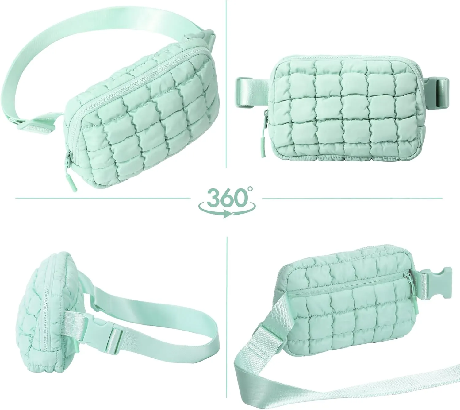 Puffer Crossbody Bag for Women – Plus Size Friendly Belt Bag – Quilted Fanny Pack w/Extender – Extra Long Strap 75" Fits XS-12X – Mini Puffer Bag for Travel Gym Trending Gift for Women (Mint green)