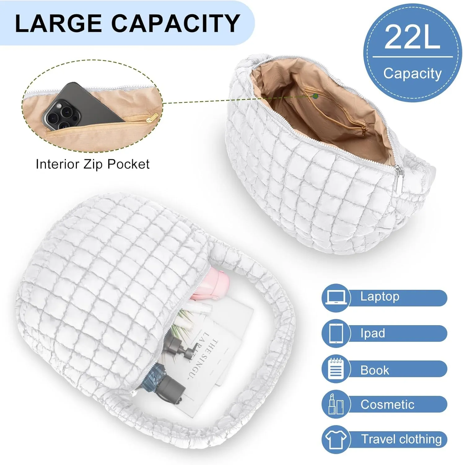 Puffer Tote Bag For Women Quilted Crossbody Bag, Lightweight Puffy Purse Large Hobo Puff Shoulder Handbags