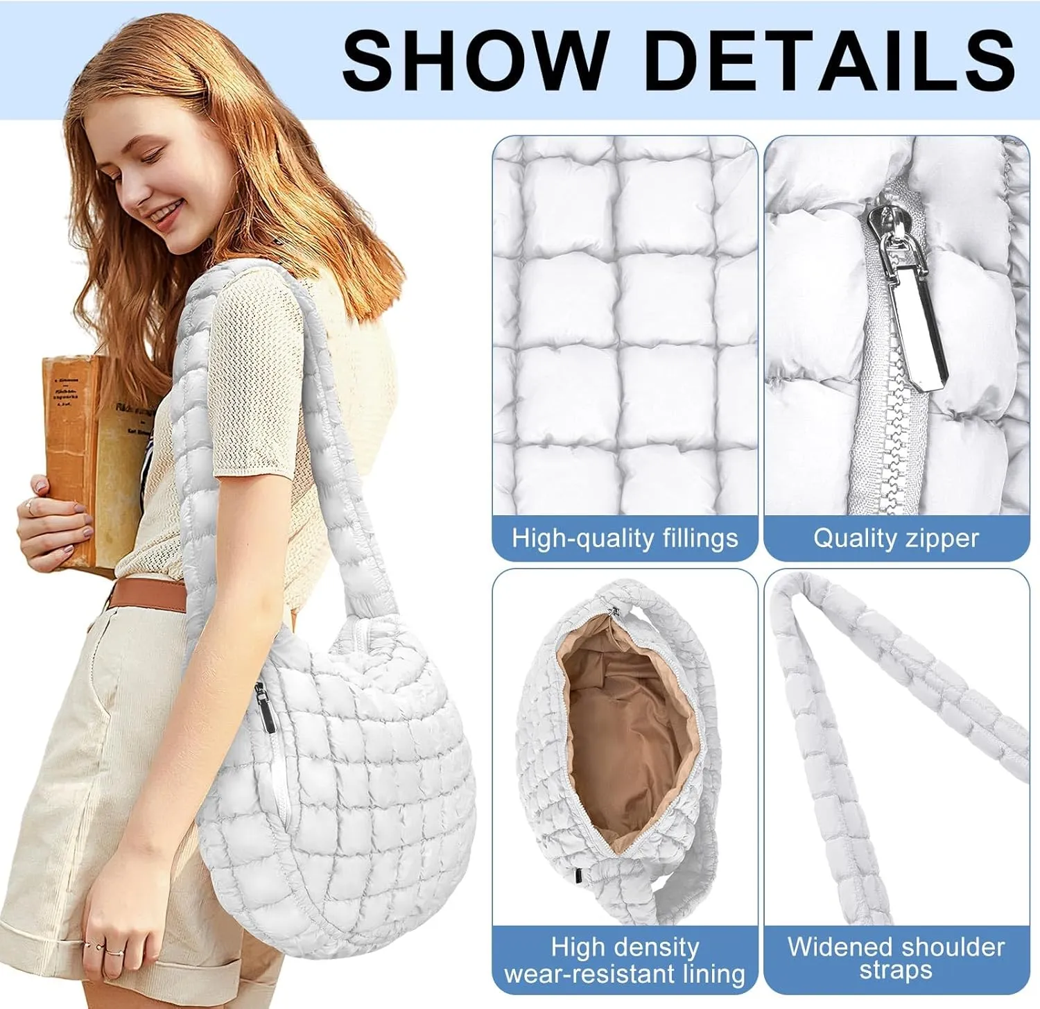 Puffer Tote Bag For Women Quilted Crossbody Bag, Lightweight Puffy Purse Large Hobo Puff Shoulder Handbags