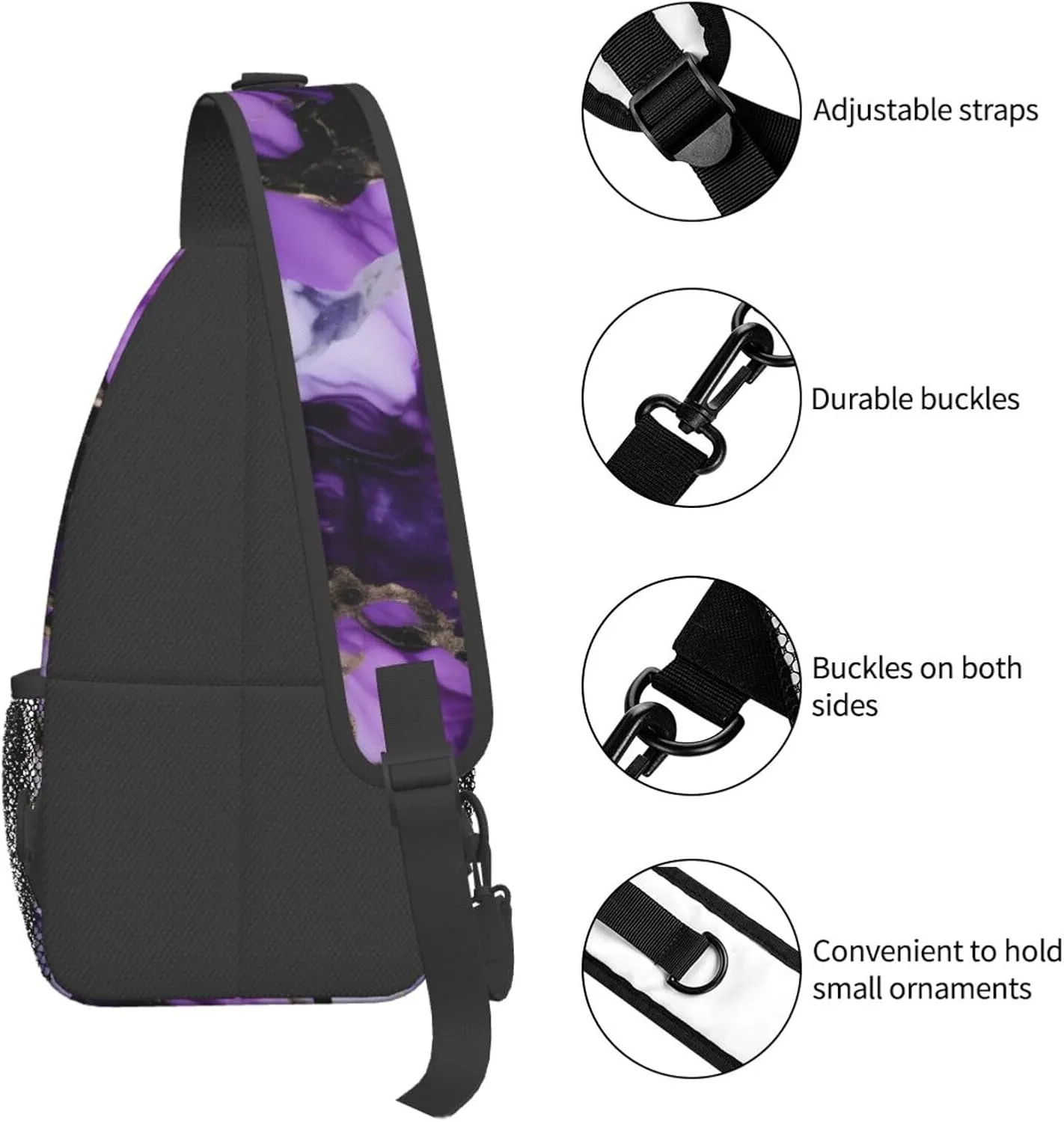 purple marble Print Sling Backpack, Sling Bag, Crossbody Chest Bag Daypack, for Hiking Travel